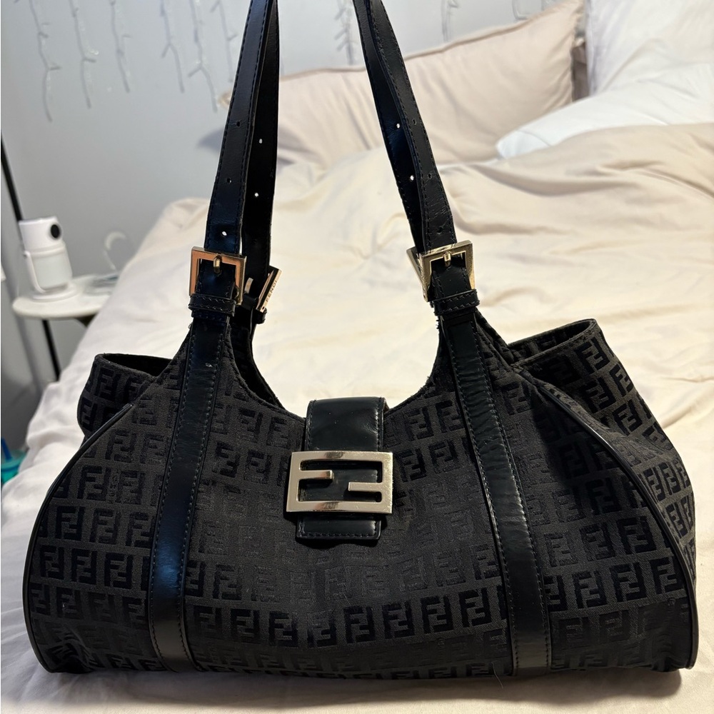 SOLD Fendi Black Zucchino Shoulder Bag with Gold Hardware